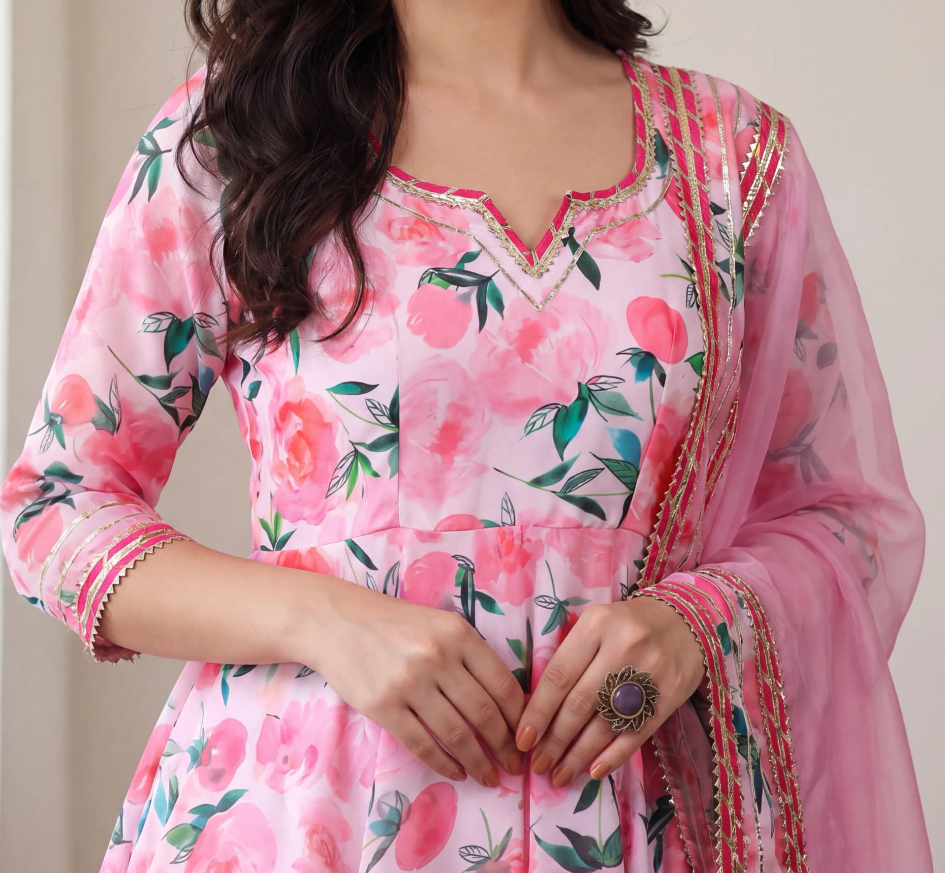 Naaz E Gul Pink Floral Muslin Gotta Work Anarkali Set With Organza Dupatta image 1