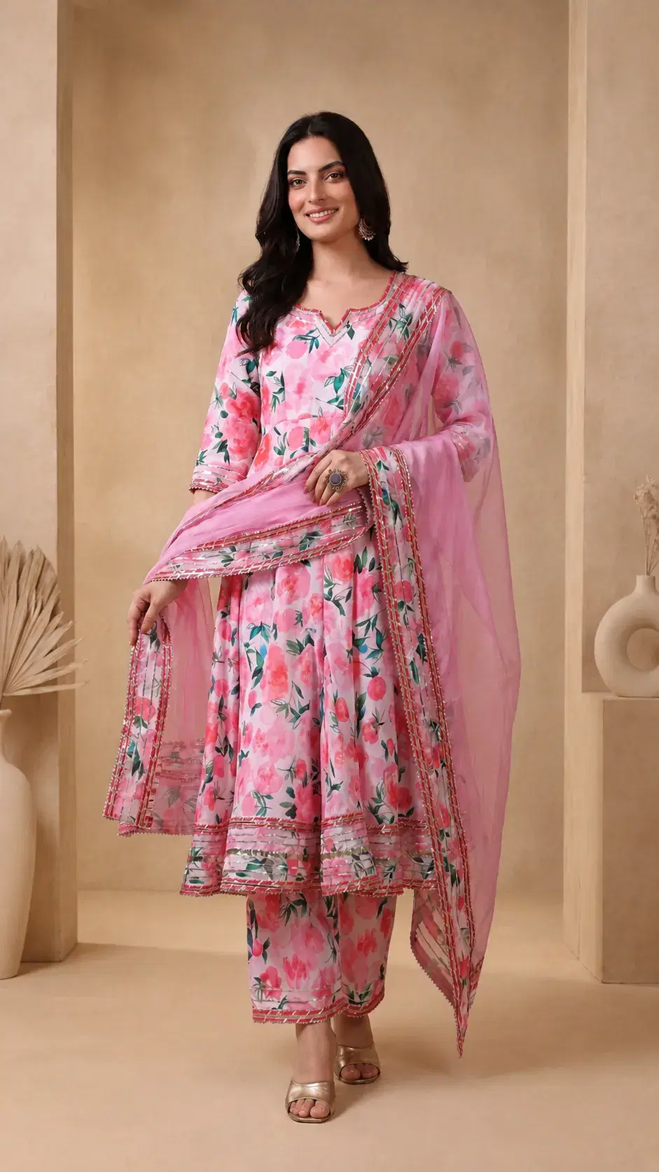 Naaz E Gul Pink Floral Muslin Anarkali Set image 1