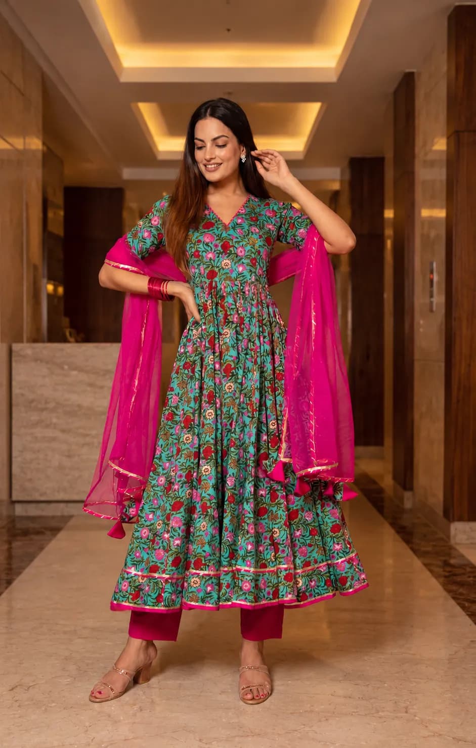 Phoolkari Mehfil Cotton Hand Block Print Anarkali Set image 1