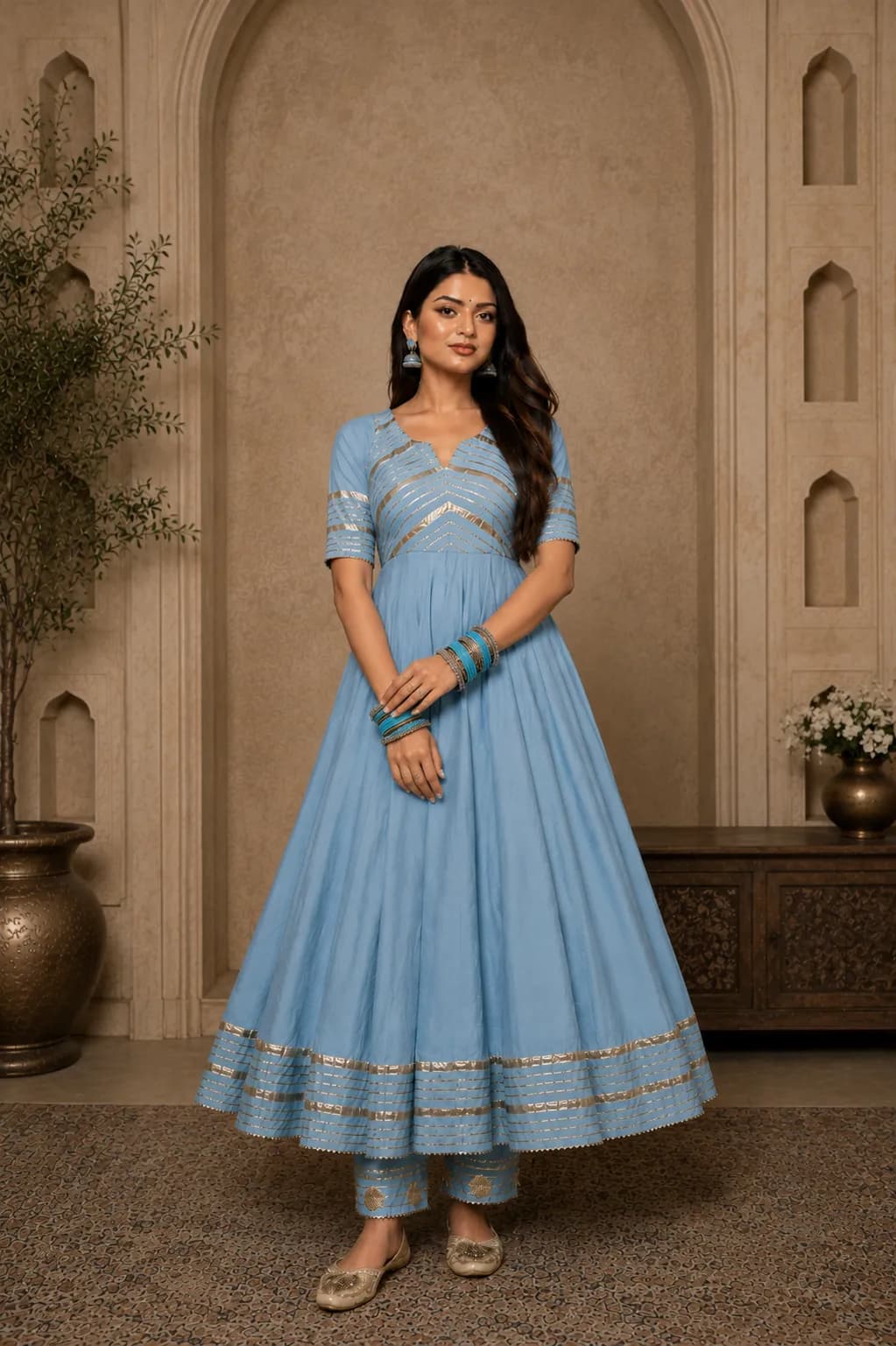 Asmani Noor Powder Blue Pure Cotton Anarkali With Organza Dupatta Set by Heritage By Aemli