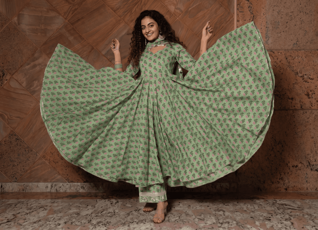 Morbagh Green Cotton Hand Block Anarkali Set by Aemli