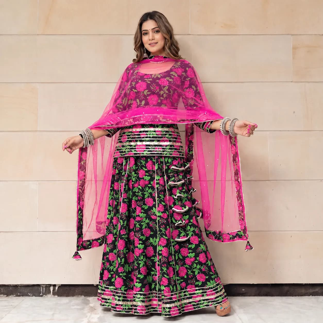 Gul E Gulabi Black Gotta Lappi Hand Block Kurta Skirt Set image 1