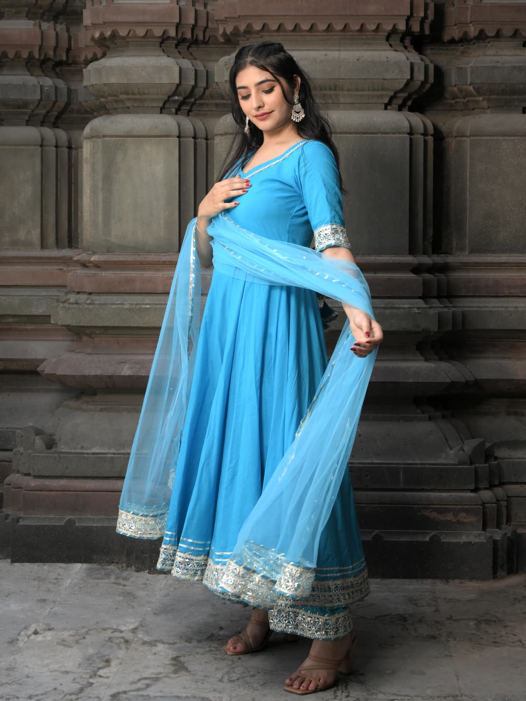 Meher Blue Pure Cotton Anarkali Set With Soft Net Dupatta by Aemli