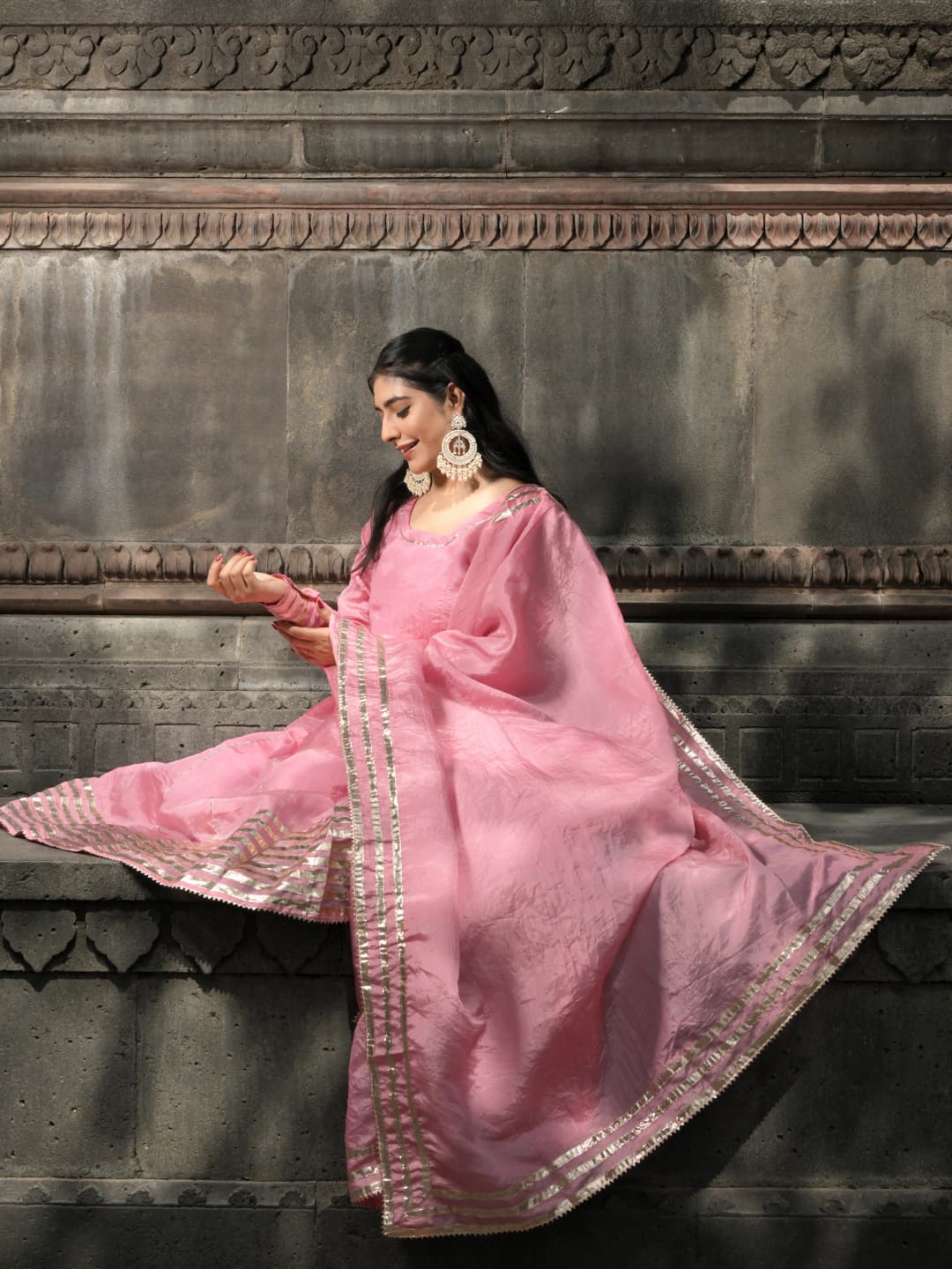 Dhup Chav Gulabi Silk Tissue Gota Patti Anarkali Set With Silk Tissue Dupatta by Aemli