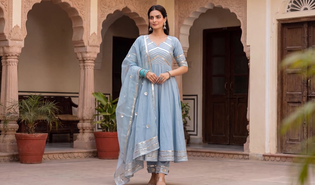 Asmani Noor Powder Blue Pure Cotton Anarkali With Organza Dupatta Set by Aemli