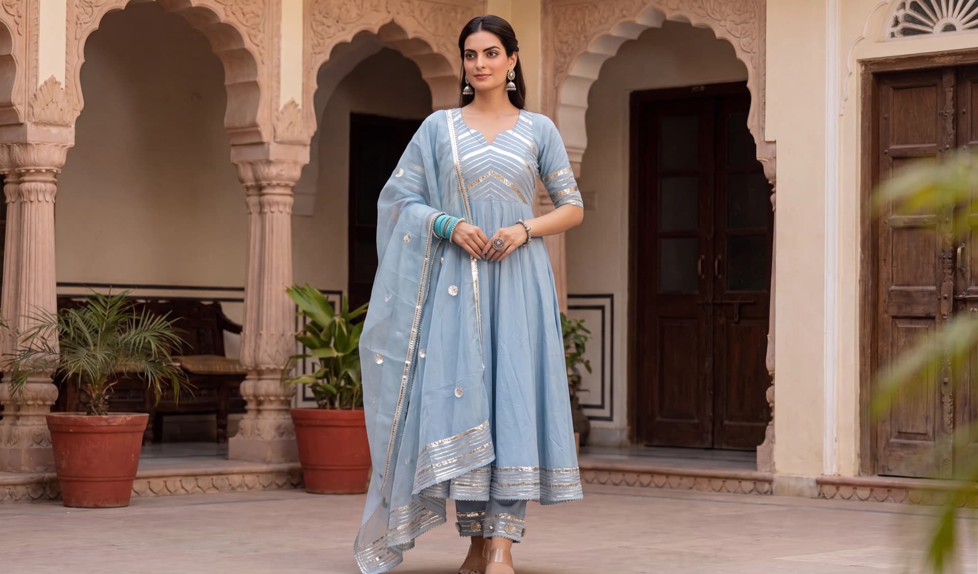 Asmani Noor Powder Blue Pure Cotton Anarkali With Organza Dupatta Set image 1