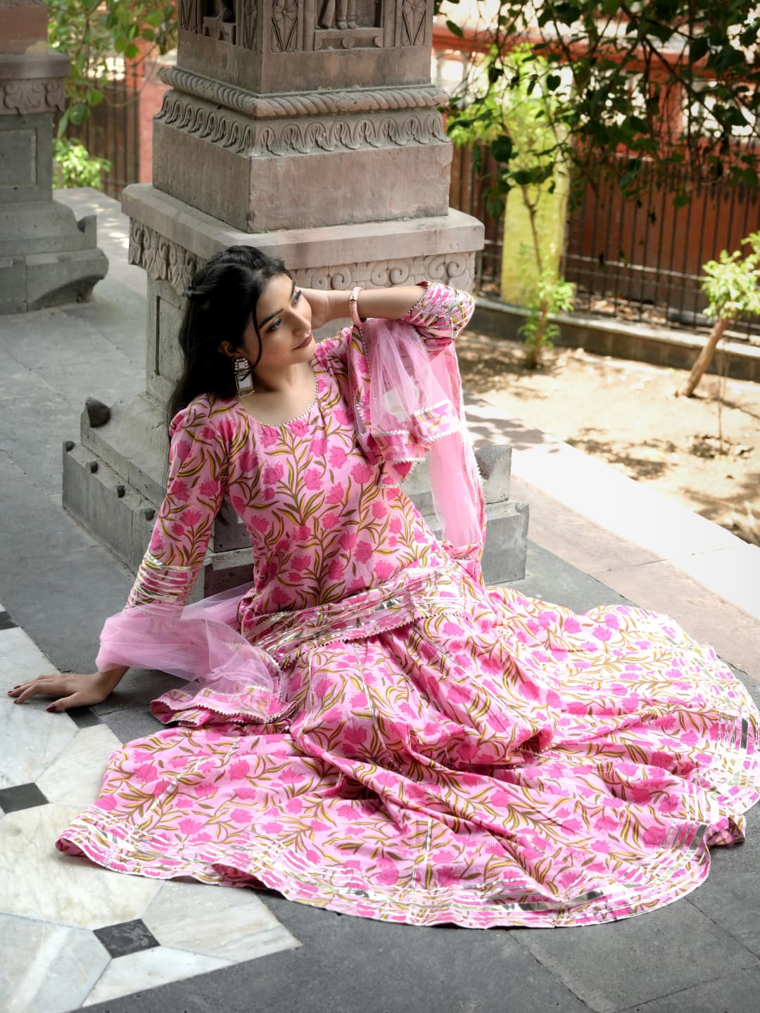 Gulabi Kyaari Cotton Hand Block Skirt Set With Soft Net Dupatta by Aemli