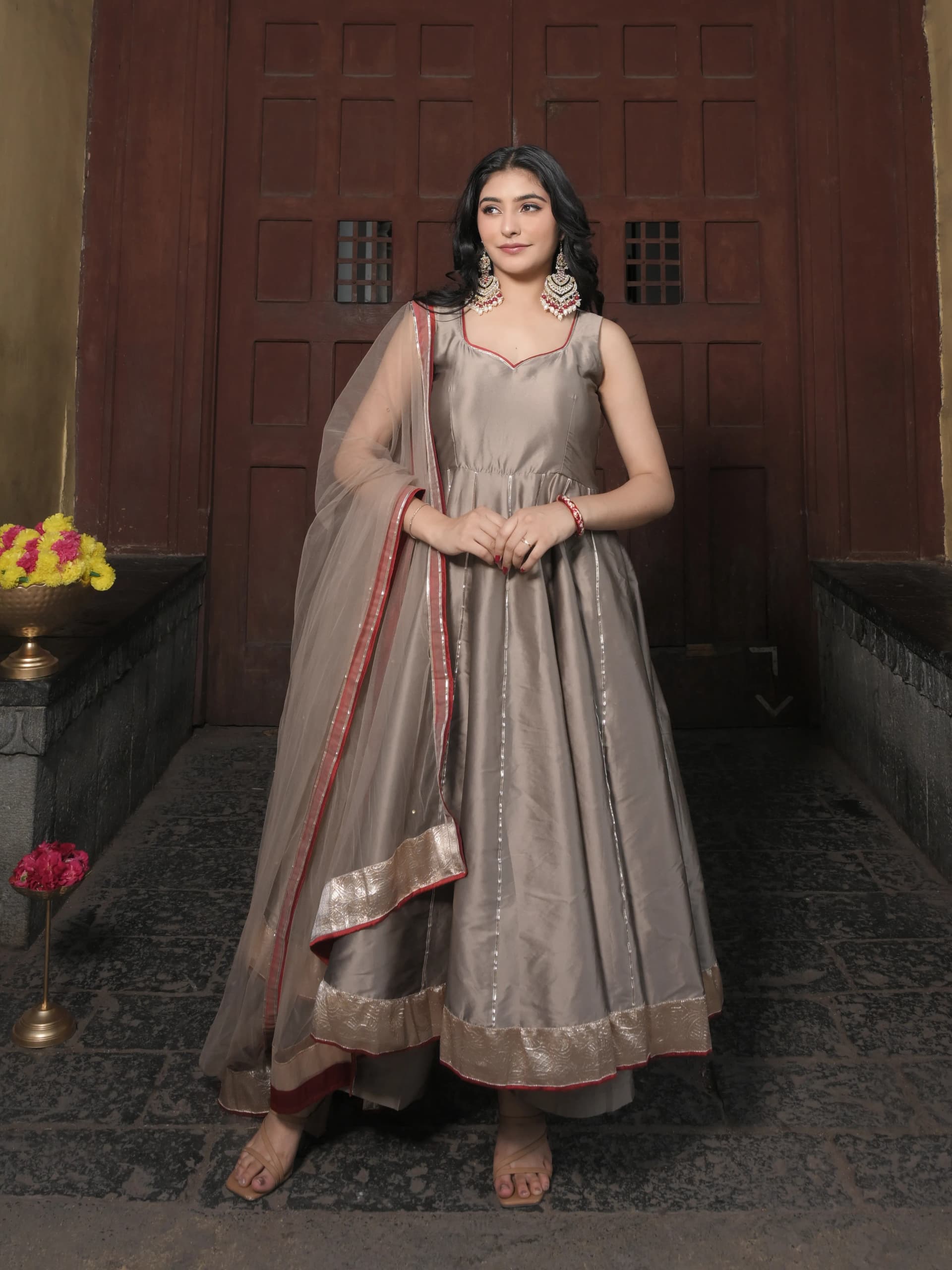 Sunheri Galiyan Gold Taffeta Gota Patti Anarkali Set With Net Dupatta image 1