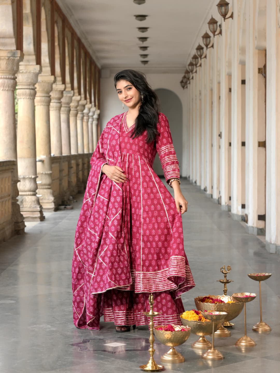 Gulabi Jharokha Hand Block Anarkali With Dupatta Set by Aemli