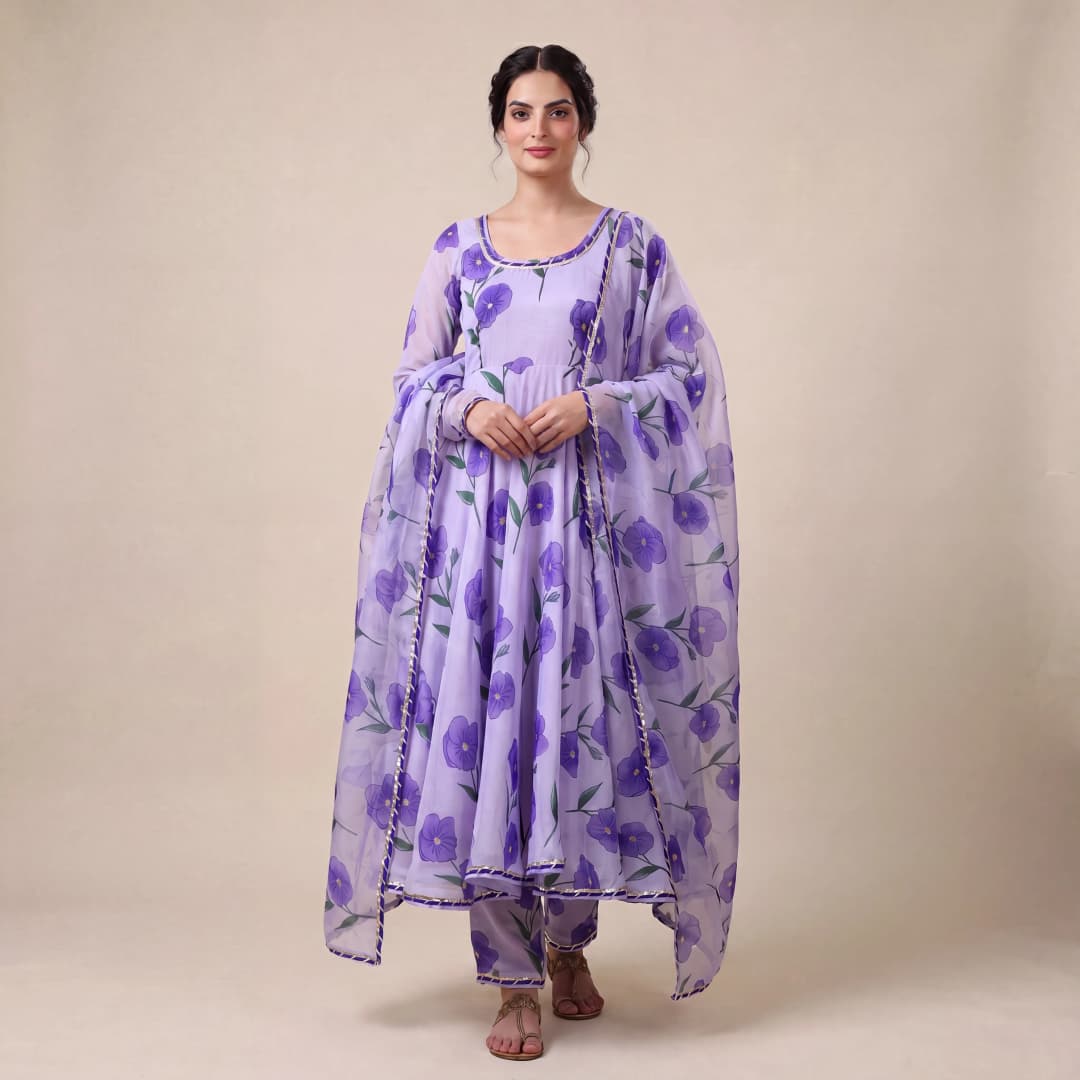Jamuni Bahar Purple Muslin Anarkali With Organza Dupatta by Aemli