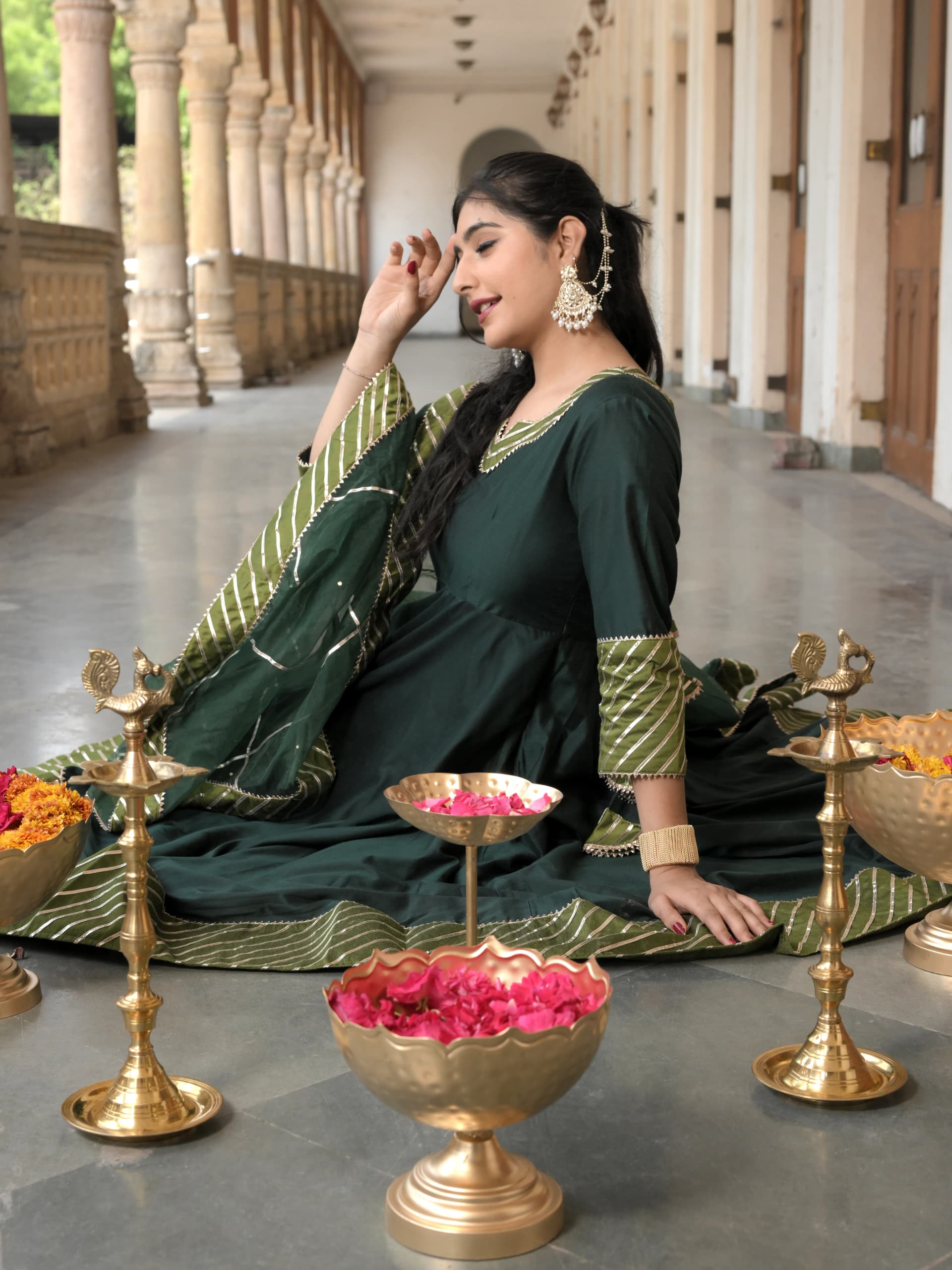 Firdaus Bottle Green Cotton Silk Anarkali Dupatta Set image 1