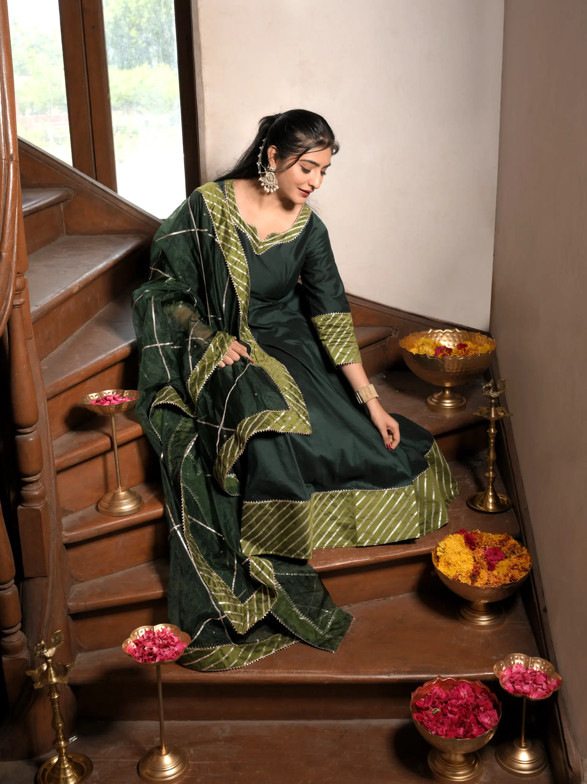 Firdaus Bottle Green Cotton Silk Anarkali Set image 1