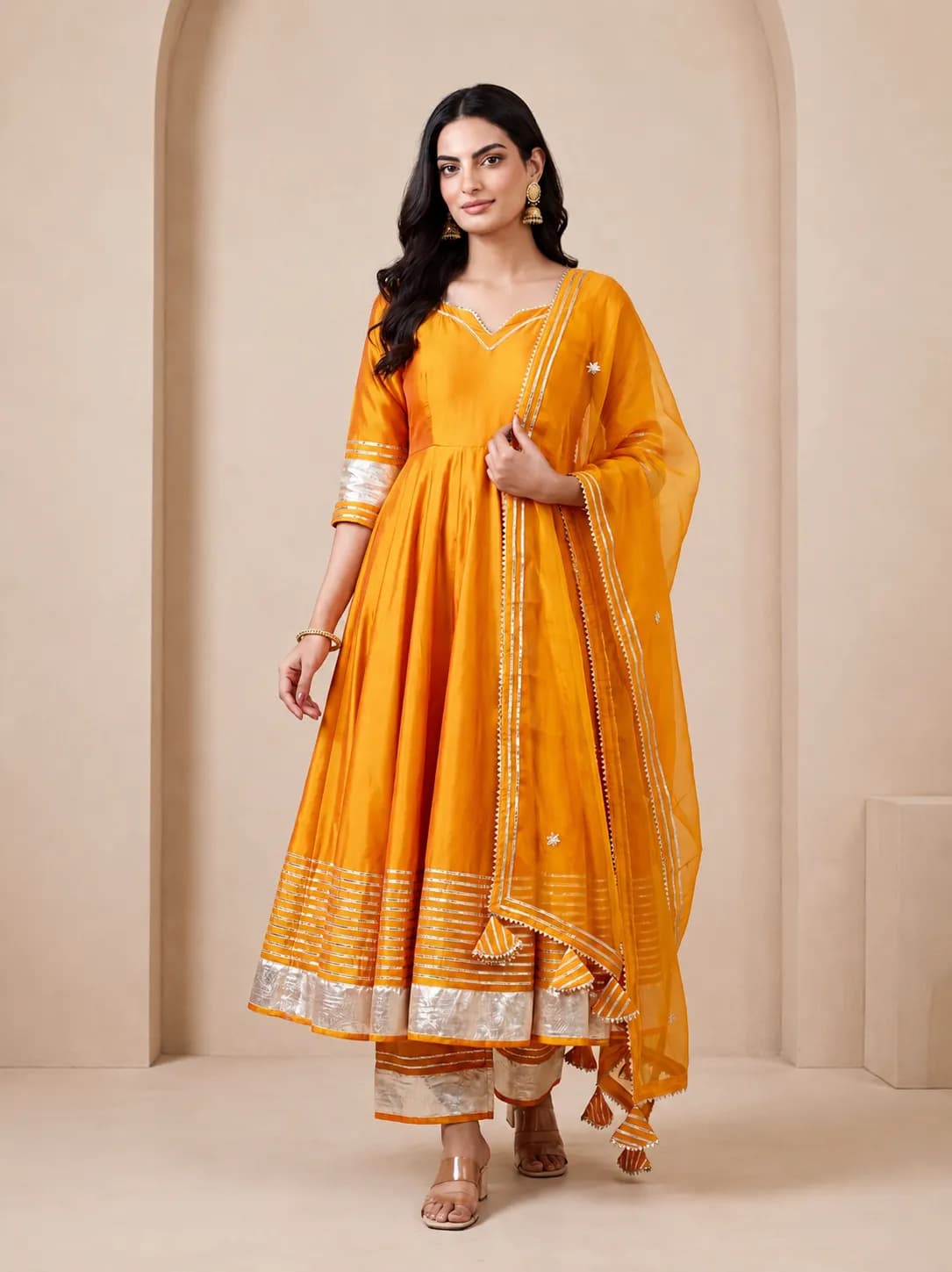 Sunheri Sham Orange Tafetta Silk Anarkali Set image 1